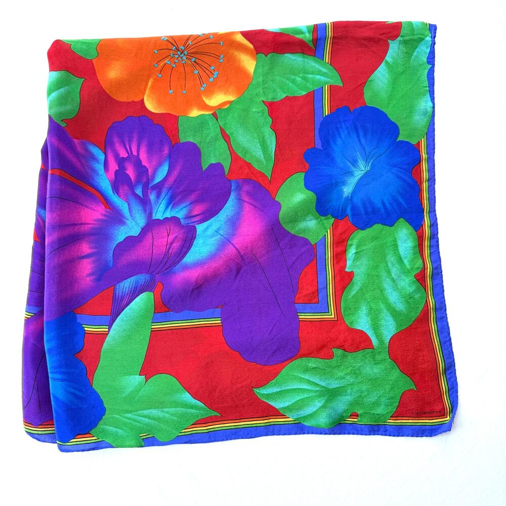 Liz Claiborne Vintage Silk Scarf 34x34 Floral Tropical Summer Red Multicolor